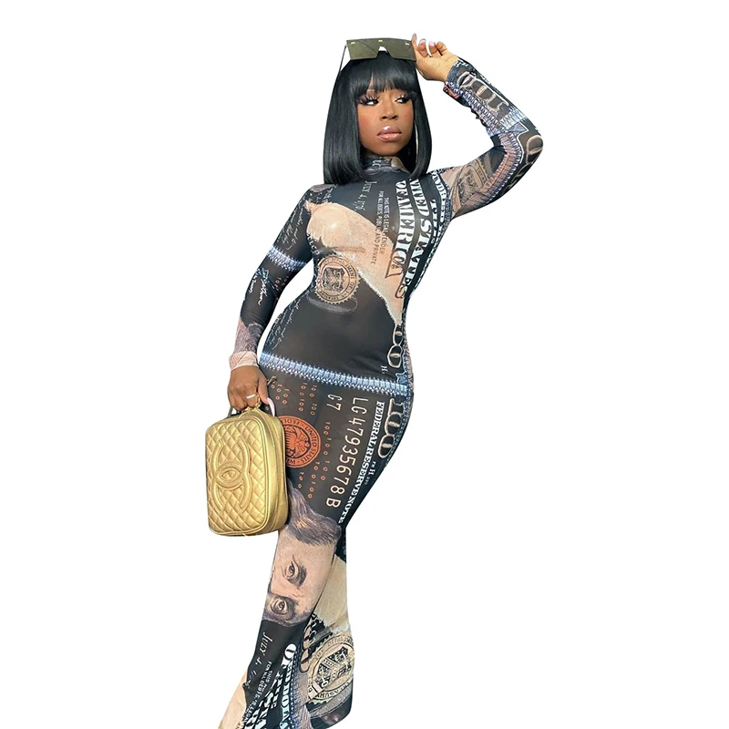 

Turtleneck Money Dollar Print Long Sleeves Loose Mesh Dress New Arrival Summer Sexy Women Outfits