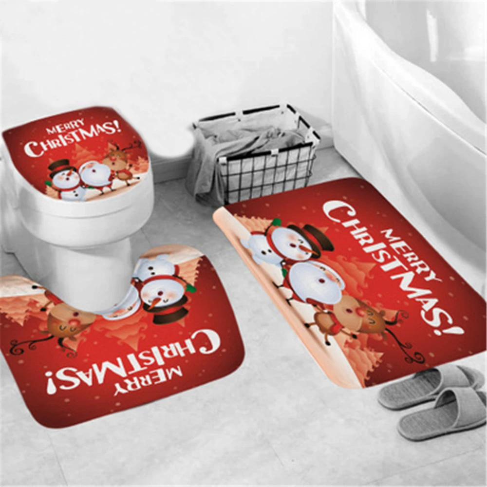 

3PCS Bathroom Rug Set Santa Claus Floor Mat Bathroom Water Absorbent Combination Bathroom Anti-slip Mat Christmas Rug Bathroom
