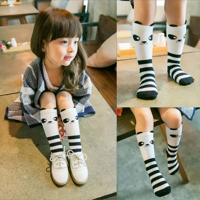 Мягкие хлопковые полосатые носки с расцветкой «панда», носки для маленьких девочек, теплые хлопковые Гольфы с милым рисунком лисы, детская одежда, носки унисекс
