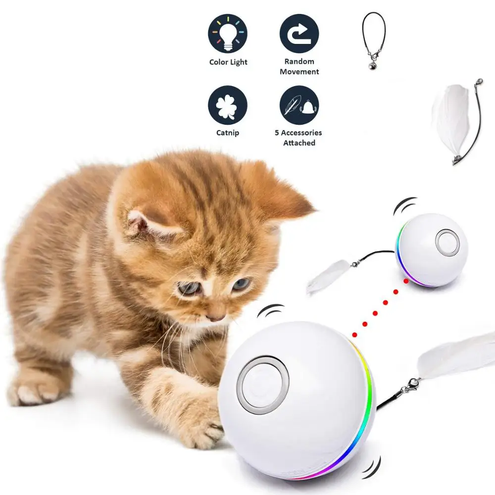 Automatic Smart Cat Toys Ball Interactive Catnip USB Rechargeable Self Rotating Colorful Led Feather Bells Toys for Cats Kitten