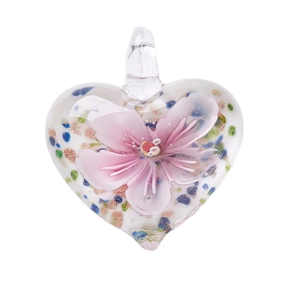 10pcs Handmade Heart Lampwork Pendants with Inner Flower Mixed Color Glass Charms for Jewelry Making Necklace DIY Crafts