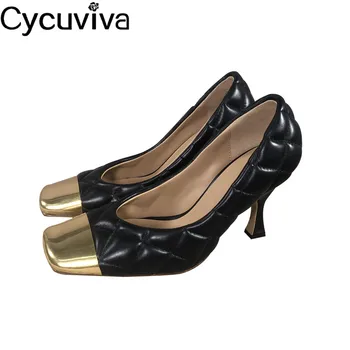 

Chic Metal Square Toe Women Pumps Rhombus Leather Sexy Kitten High Heels Ladies Shoes Party Shoes Femme