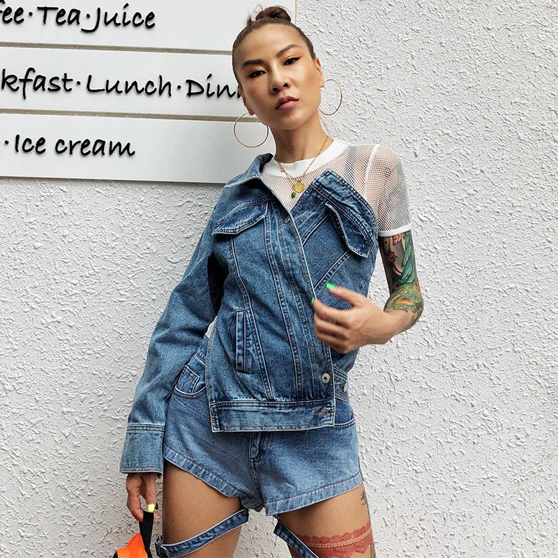 

Style Sexy Shoulder Women's Denim Jacket 2019 Skew-collar Asymmetric Long-sleeve Open-fork Gown Women Coats and Jackets