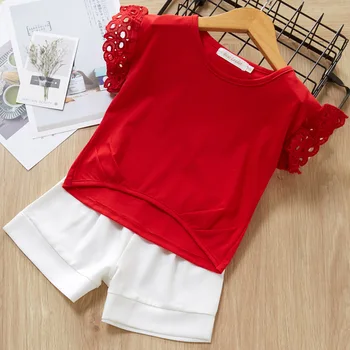 

Summer Girls' Clothing Set New Hollow Lace Short Sleeve Refreshing Top and Shorts 2 Pieces Children's Casual Clothes Set