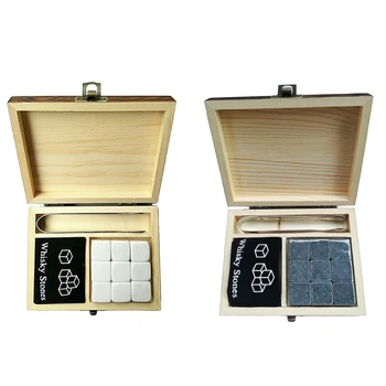 

2 set Whiskey Stones with WORDS Wooden Box Whisky Rocks Stones Square Stone Wood Box - Grey & White