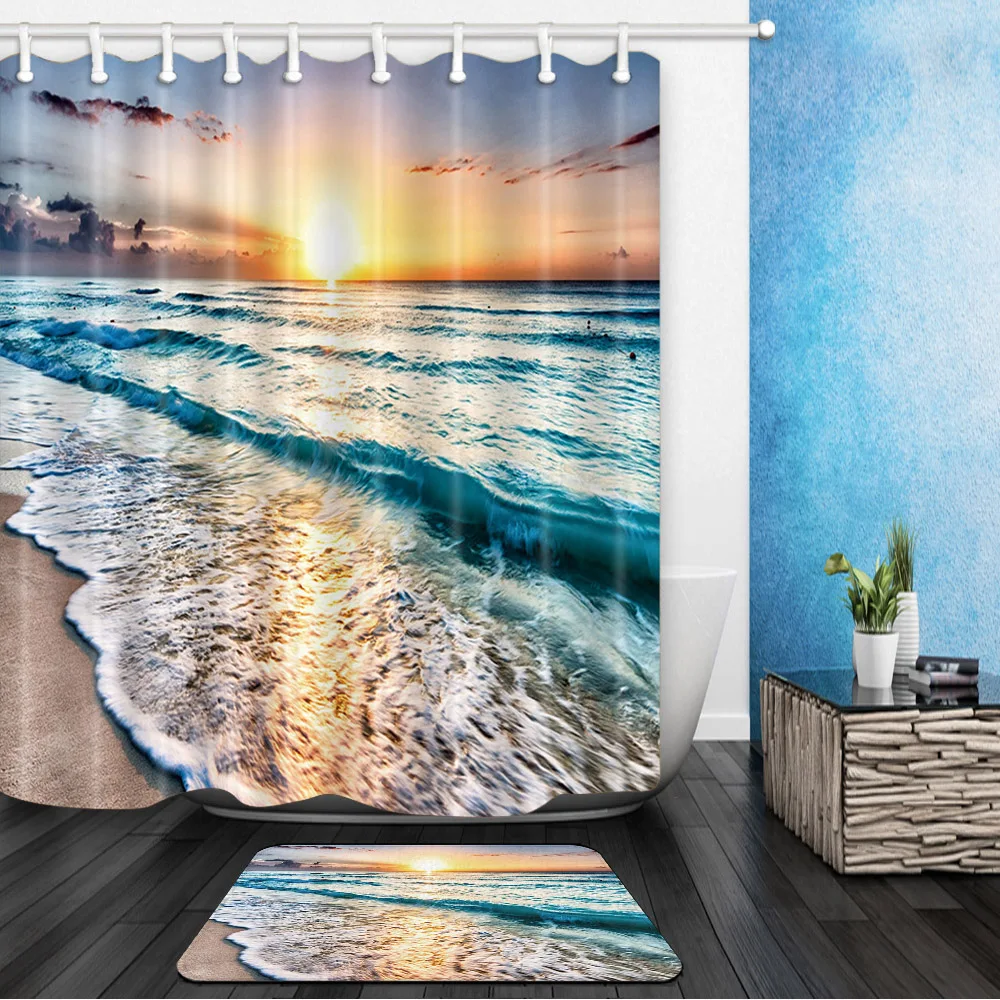 Ocean Beach Sunset Shower Curtain Set with Hook Bath Mat Waterproof Bathroom 
