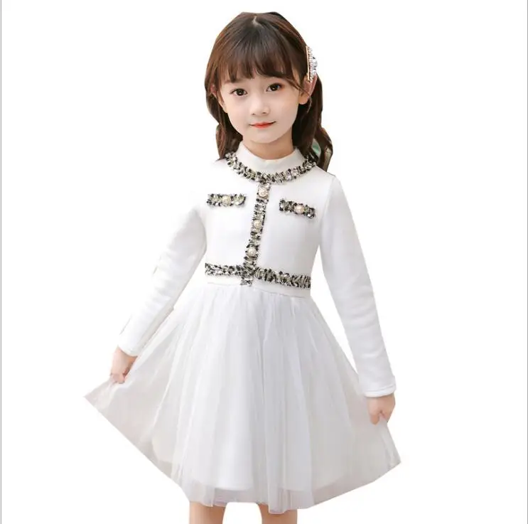 Зимнее платье для девочек; плотные теплые детские платья с длинными рукавами; цвет белый, черный; платье принцессы для девочек; модная повседневная одежда на Рождество - Цвет: Белый