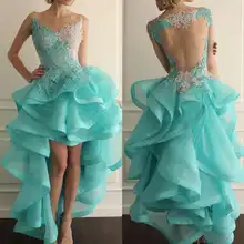 Оборками Высокая Низкая Бальные платья, аппликации из кружева с пайетками; застежка-молния сбоку Выпускной платье для девочек