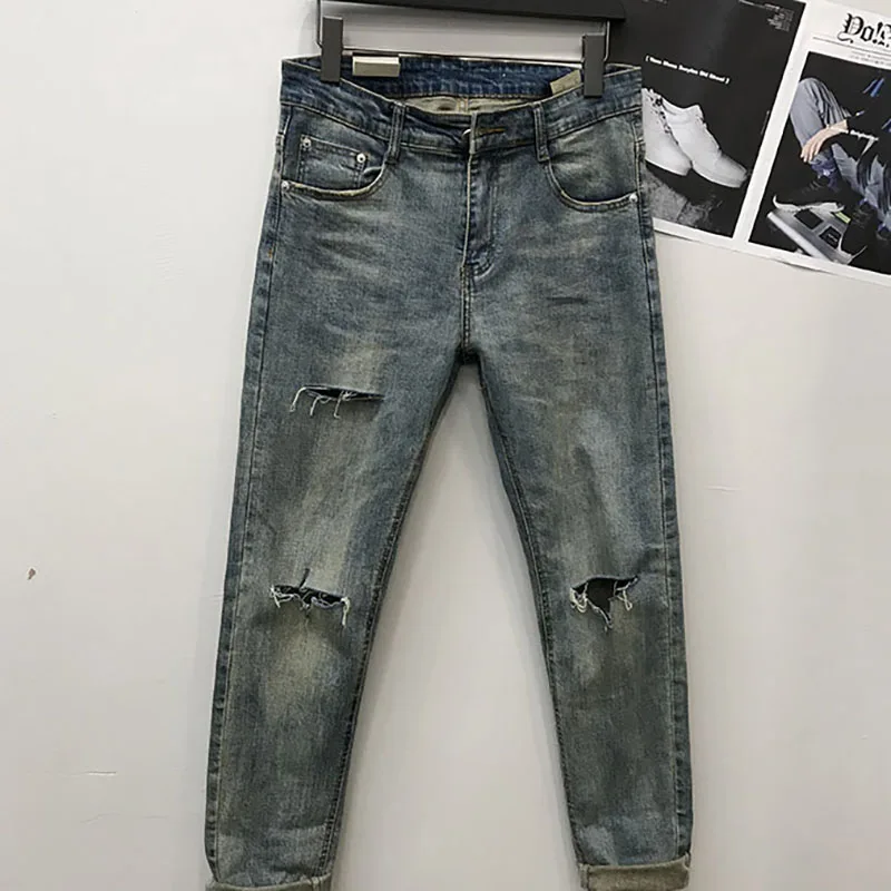 Европейские осенние мужские джинсы до щиколотки винтажные Синие рваные узкие брюки-карандаш рваные джинсовые брюки Модная уличная одежда