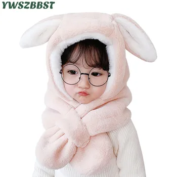

Fashion Rabbit Ears Baby Hat with hooded Scarf Plush Kids Hats for Girls Warm Wool Boys Hat Scarf Children Caps Scarves