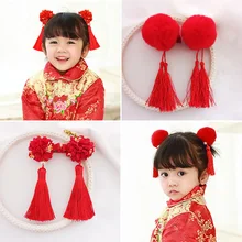 Детские аксессуары для волос в китайском стиле; красные меховые Бальные заколки с кисточками; детский китайский костюм; новогодний цветочный принт