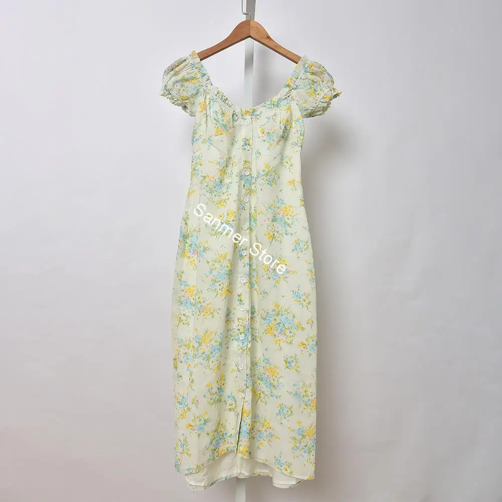 Women Fresh Flower Split Midi Dress Short Puff Sleeve Backless Printing with Buttons Prairie Chic | Женская одежда