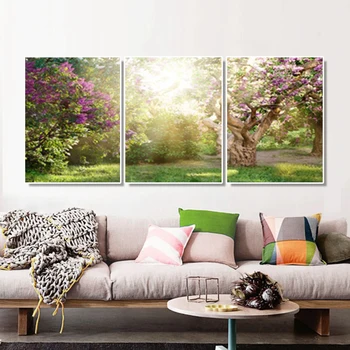 

Laeacco Canvas Painting Calligraphy Garden Poster Print 3 Panel Flower Tree Sunshine Wall Art Picture for Living Room Home Decor