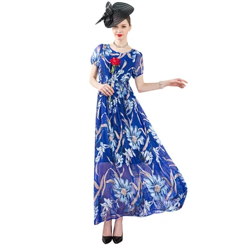 

2020 Summer Silk Long Dress Office Lady Printed Bohemian Elegant Dress Short Sleeve Slim Waist Ankle-Length DZ2437