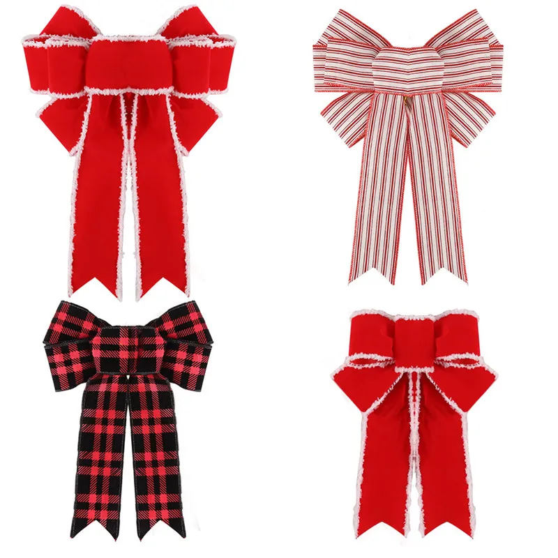 Grand Nœud De Sapin De Noël Rouge Et Blanc - Décor Géant En Velours 180x50cm - Décoration Maison Fête - 6