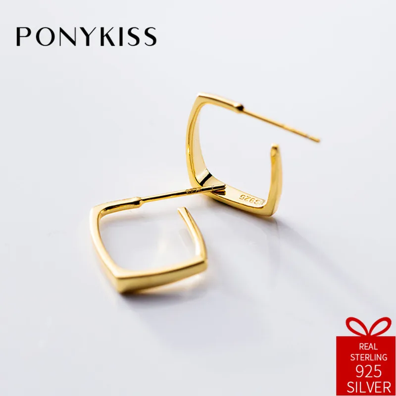 PONYKISS Trendy 100% 925 Sterling Silver Chic Hollow Square Geometric Hoop Earrings For Women Party Fine Accessory Delicate Gift | Украшения