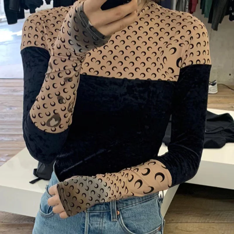 Feminine Clothes Sexy Top Women Long Sleeve Top Graphic Tee Shirts Tunics Koszulka Damska Crescent New Moon Print Women T-shirts long sleeve t shirts Tees