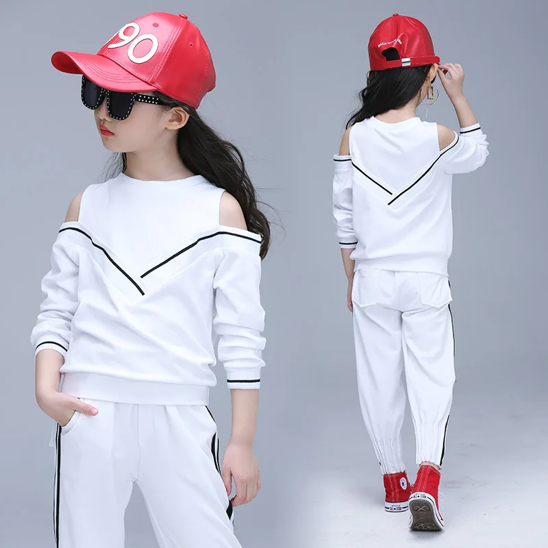 2019 модные спортивные костюмы для больших девочек с открытыми плечами черно белый