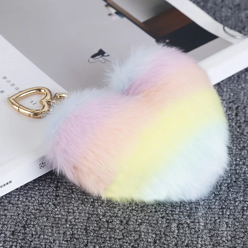 Heart Pompoms Keychain Rainbow Plush Balls Key Chains Decorative Pendant for Women Bag Accessories Keychains Car | Украшения и