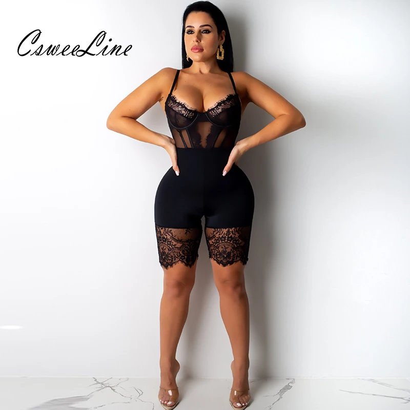 

Sexy lace hollow out romper summer women Spaghetti Strap Club Rompers short Jumpsuit Casual Sleeveless Bodycon overalls Bodysuit