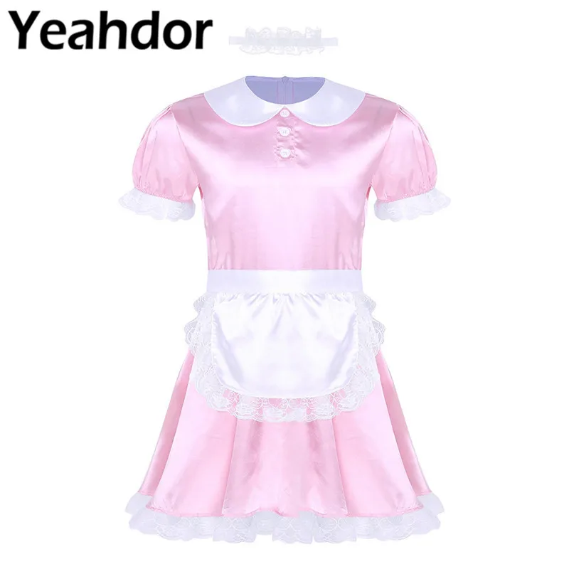 

Mens Lace Sissy Girl Maid Dress Cosplay Uniform Costume Doll Neck Short Sleeve Satin Dress Role Play Party Costumes Nightwear