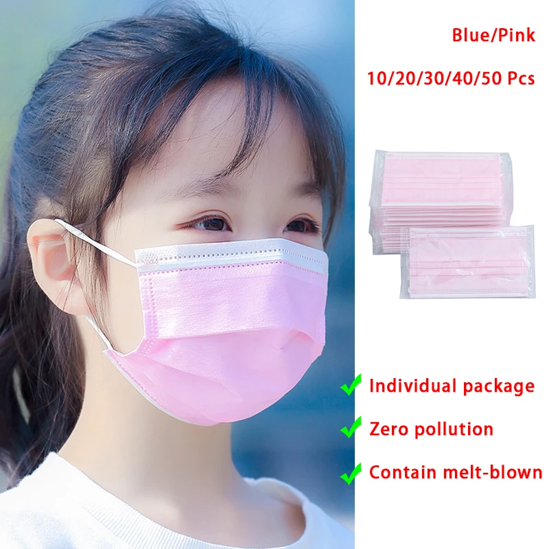 Children's Mask Disposable Face Masks 3 Layers Melt-blown Facemask Baby Boys Girls Individual Package Pink White Blue Purple | Красота и