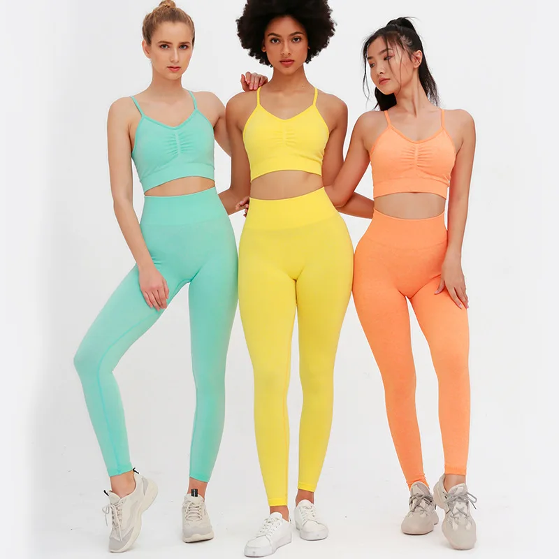 

BSTCOCHI Candy Color Seamless Knit Two Pieces Set for Fitness Women Crop Top and Leggings Matching Set Ladies Knitted Activewear