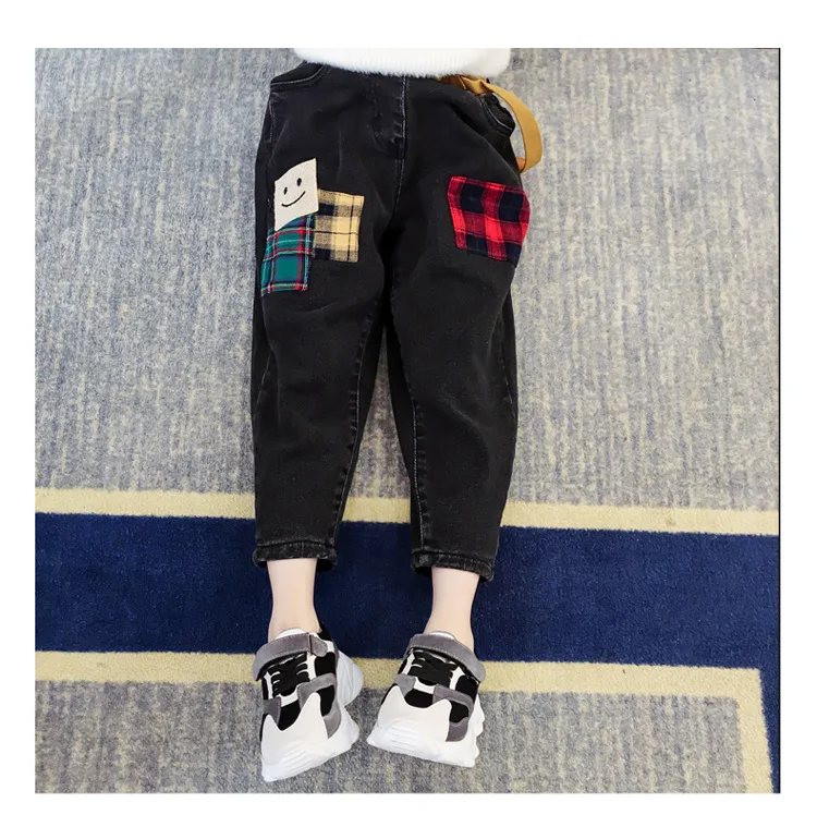 Зимние Детские джинсы в клетку; хлопковые теплые ковбойские штаны для малышей; детские черные хлопковые утепленные флисовые джинсовые брюки; От 3 до 14 лет