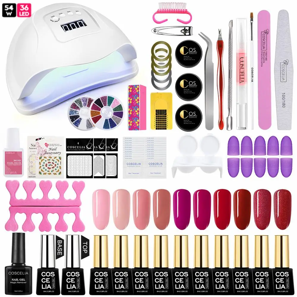 54W FULL SET COSCELIA Набор ногтей для маникюра с 54 Вт УФ-Светодиодный светильник 10 шт. набор гель-лаков для ногтей впитывающий Полупостоянный лак Инструменты для дизайна ногтей комплект - Цвет: 54W FULL SET