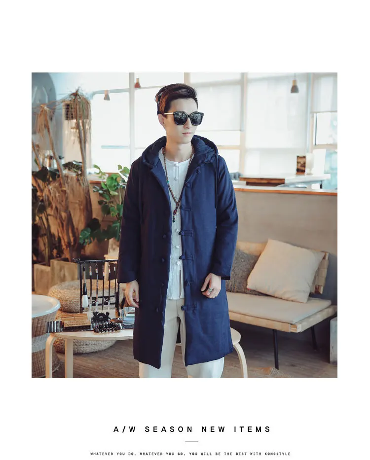 Winter New Style Cotton Linen Retro Frog Hooded Cotton-padded Clothes Men's Middle Long Coat