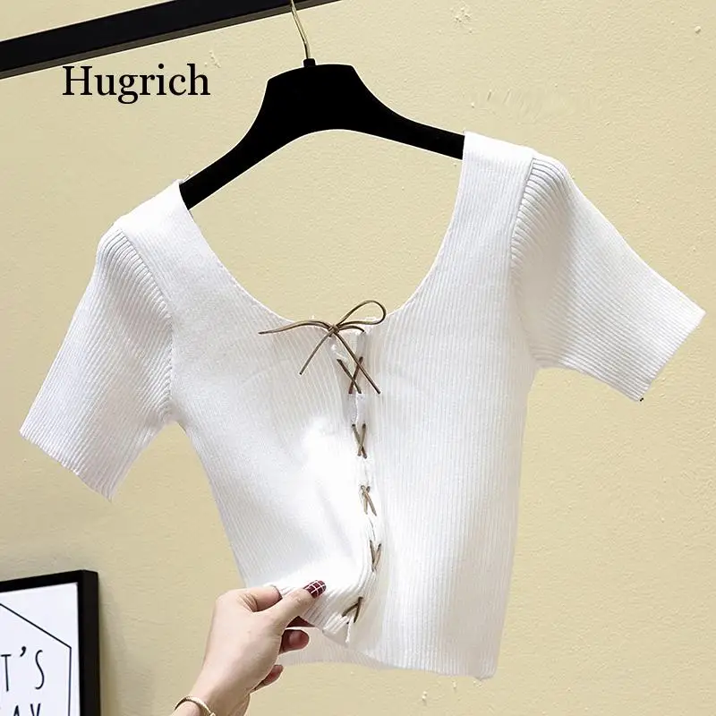

Drawstring Cross Halter T-Shirt Casual Short Sleeve Female Solid Tops Slash Casual 2020 Summer Croped Tops