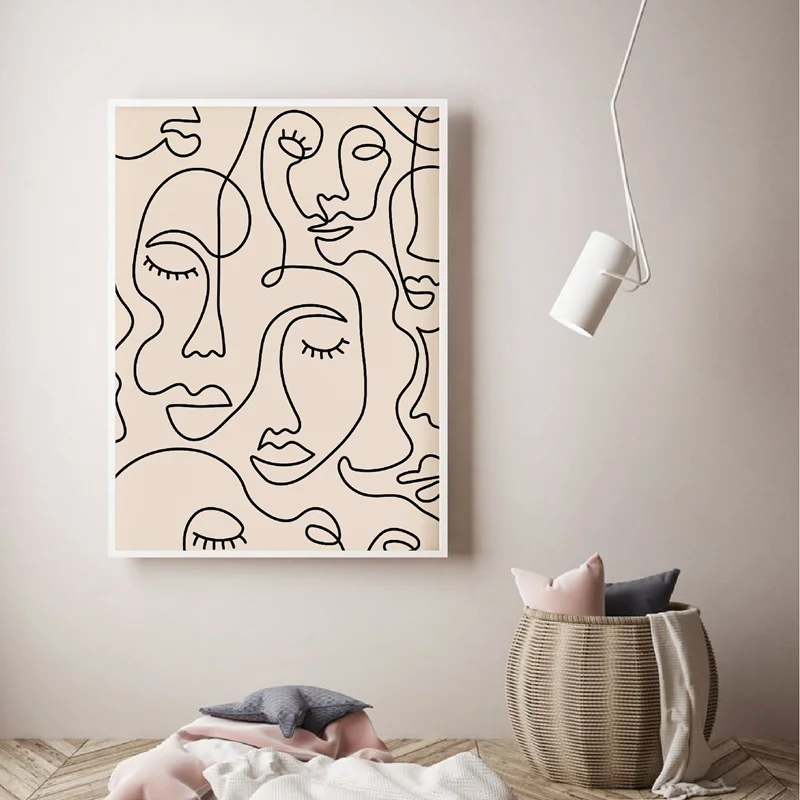 

Wall Art Canvas Painting Single Line Face Art Print Minimalist Poster Woman Face One Line Drawing Neutral Home Room Wall Decor