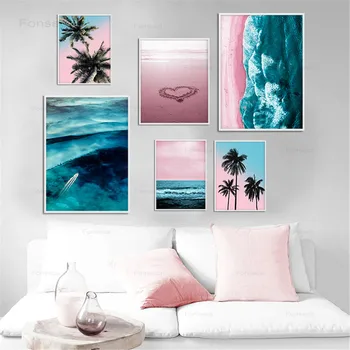 

Pink Ocean Beach Palm Tree Canvas Poster Nordic Nature Seascape Wall Art Print Painting Scandinavian Home Decoration Picture