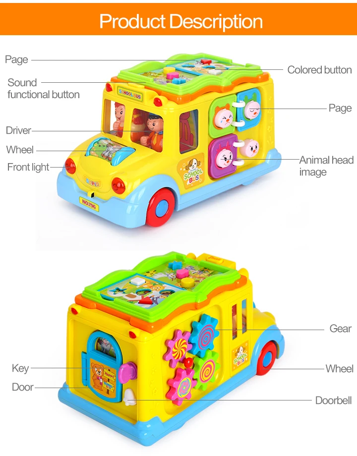 HOLA TOYS 796 Детский Электрический школьный автобус музыкальный автомобиль в том числе 8 игр и животных звонки Ранние развивающие игрушки