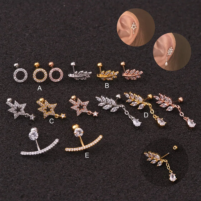 Sellsets 1Pc 20g Stainless Steel Barbell And CZ Star Leaf Cartilage Helix Tragus Rook Lobe Stud Earring Ear Piercing Jewelry