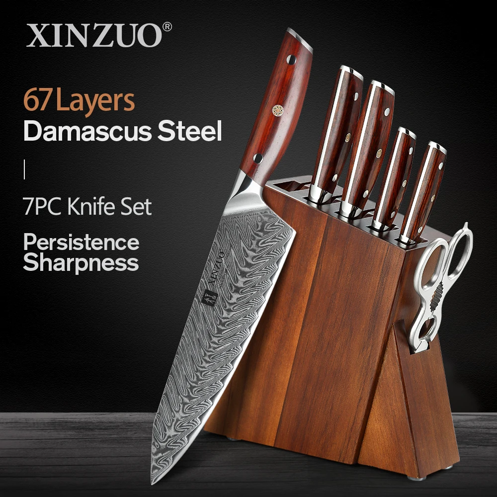 Damascus knife block set, 7 pieces, knife block with wooden block