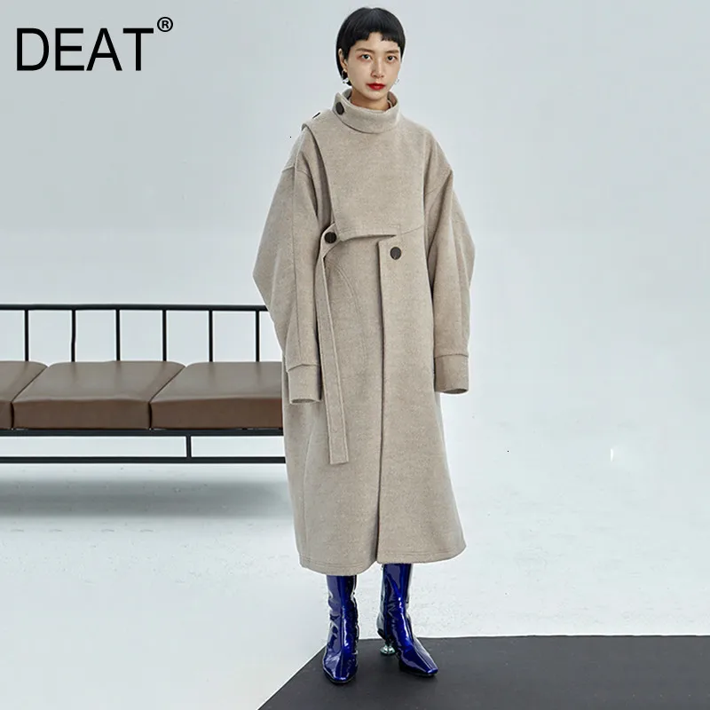 

DEAT Loose Fit Long Split Big Size Bandage Woolen Coat Parkas New Long Sleeve Women Fashion Tide Spring Autumn 2020 1K711