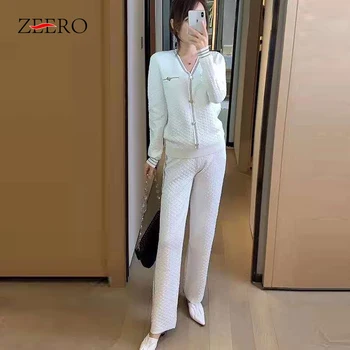 

2020 Autumn Black Gold Striped Knitted Two Piece Set Women Casual Short Cardigan Sweater + Long Pants Sets Suit Womens Outfits