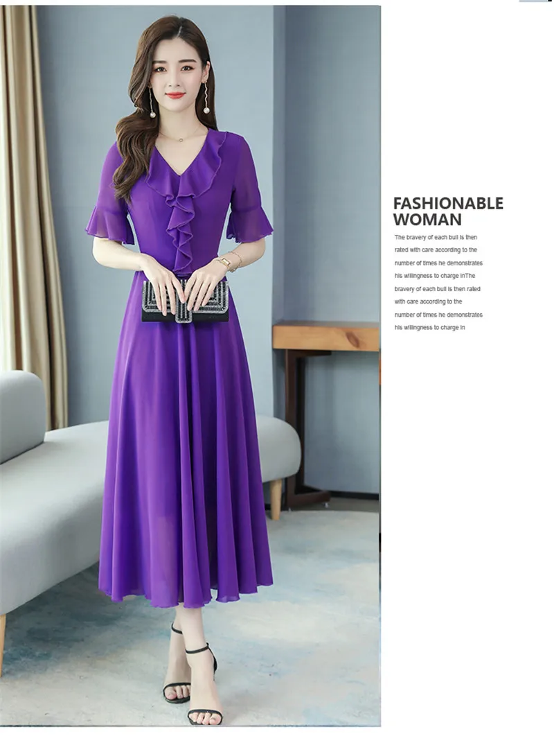 Vestido de Chiffon Moda com Decote em v Coreano Verão Nova Mangas Alargadas Magro Era Temperamento Fino Vestido Grande Balanço 2021 13 moda com decote em v mangas alargadas