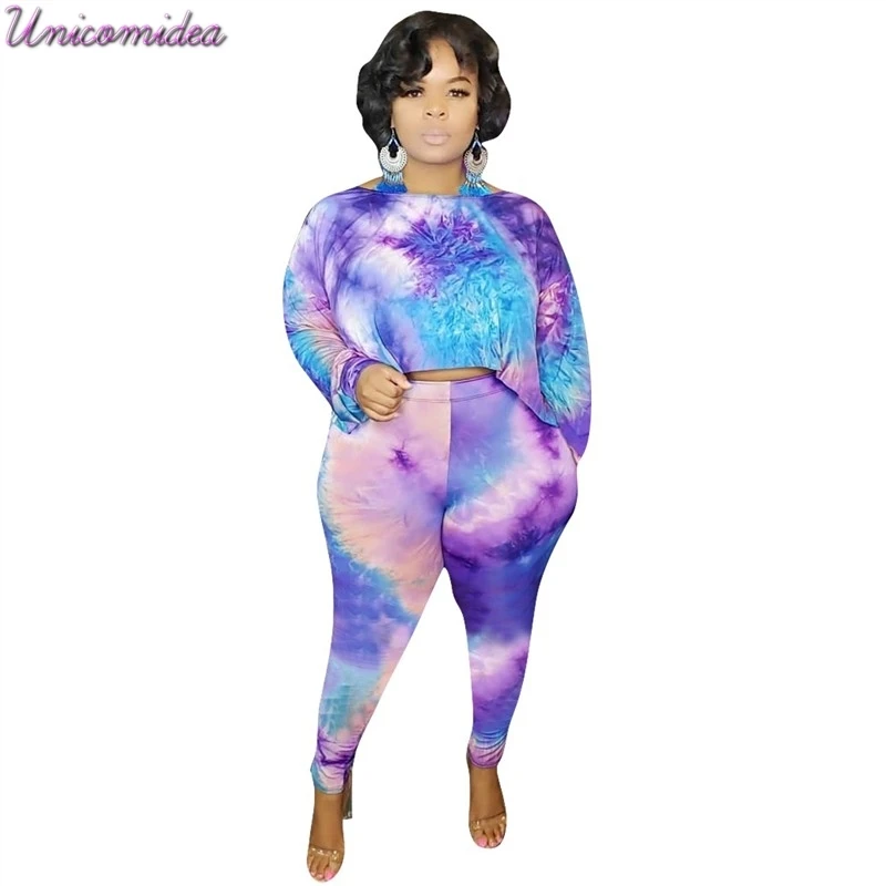 

Casual Rainbow Tie Dye Print Suits Sweatshirts Long Sleeve Crop Top And Skinny Pants Two Piece Outfits Summer 4XL Plus Size Sets