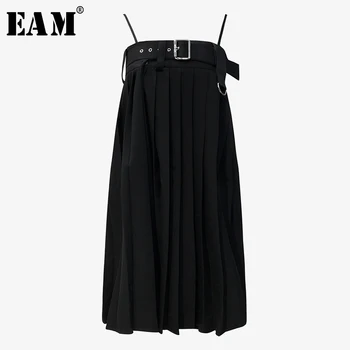

[EAM] Women Two Ways Wear Black Pleated Spaghetti Strap Dress New Sleeveless Loose Fit Fashion Tide Spring Summer 2020 1T324