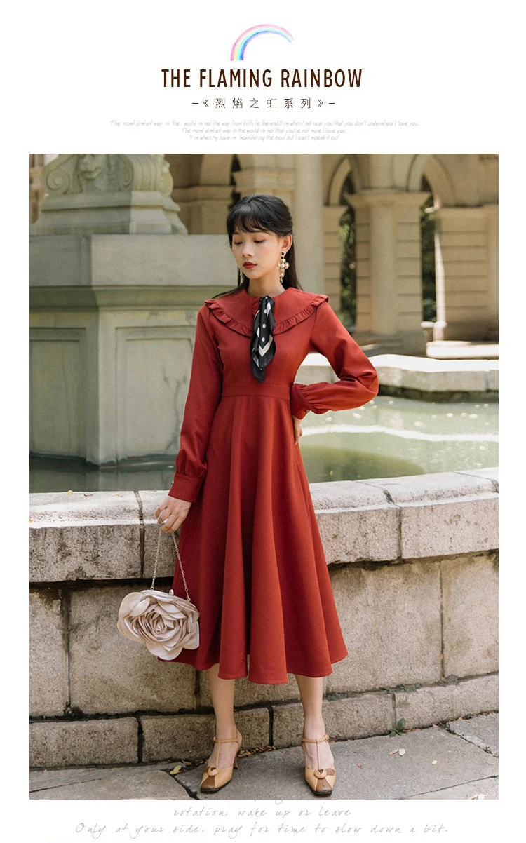 Осеннее тонкое женское платье с длинными рукавами в Корейском стиле, винтажный воротник Питер Пэн, офисный официальный для женщин Vestidos Faldas