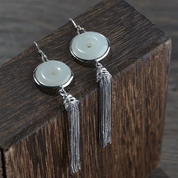 

FNJ Tassel Chain Earrings 925 Silver Original Pure S925 Sterling Silver Round Jade Drop Earring for Women Jewelry Long