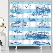 

Columbus Day Shower Curtain Nautical Sailing Boat Stripe Blue and Marine Life Bath Curtains Waterproof with Hook Bathroom Decor