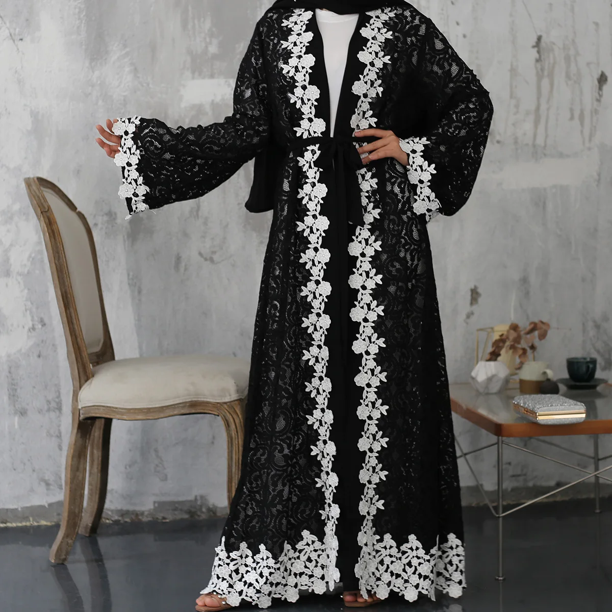 Muslim Women Flower Embroidery Lace Long Cardigan Maxi Dress Kimono Abaya Kaftan 