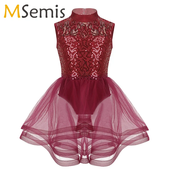 US $13.26 Girls Figure Ice Skating Dress Ballet Dress Leotard Dance Costume Sleeveless Mock Neck Sequins Keyh