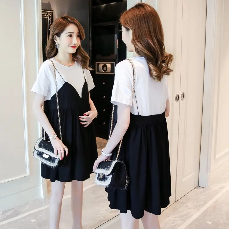 

2020 Pregnant Women Spring Clothing Summer Short Sleeve Joint Fashion Fake Piece Maternity Clothes Dress