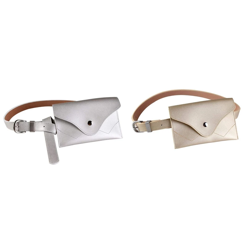 

ABZC-2Pcs Women Fanny Pack, PU Leather Fanny Pack with Removable Belt Waist Pouch Fashion Girls Belt Bum Fanny Bag Silver & Gold