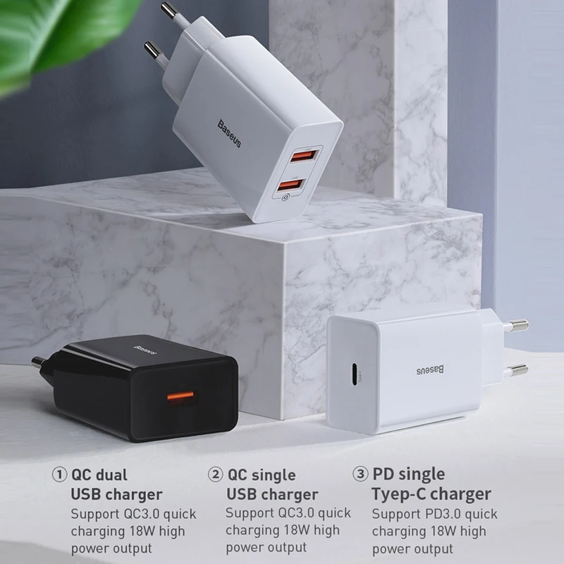 Зарядное устройство Baseus сетевое с двумя USB портами и поддержкой быстрой зарядки 18