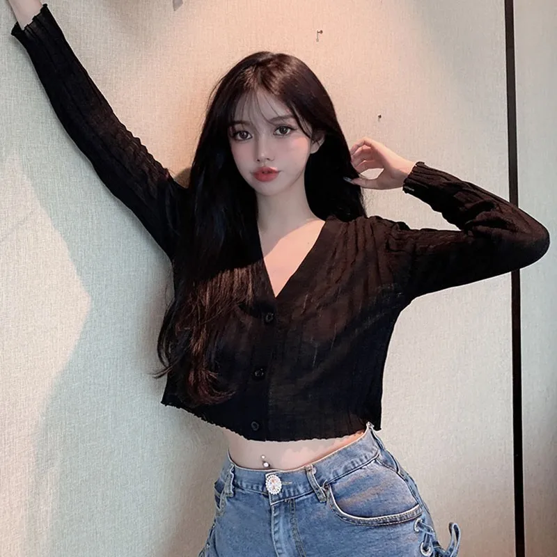 Women's Solid Color Blouse Long Sleeve V-Neck Thin  Button Up Knitted Cardigan Shirt Tops 2020 6